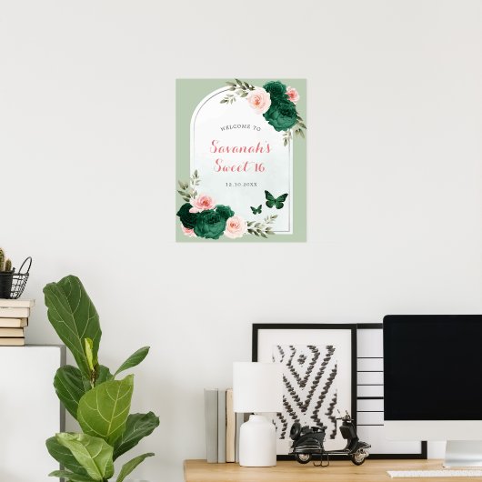 Roze en Emerald Groen Zoet 16 Welkomstbord Poster (Thuiskantoor)