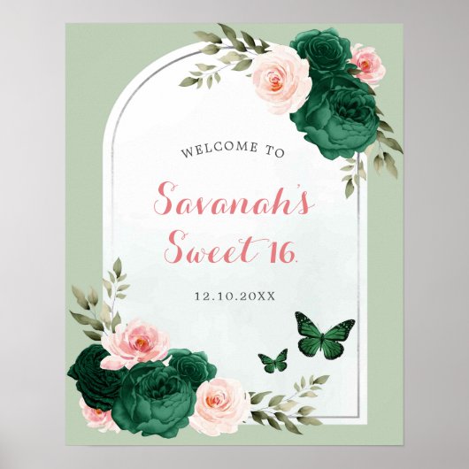 Roze en Emerald Groen Zoet 16 Welkomstbord Poster (Voorkant)