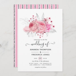 Roze en Faux Folie en Glitter Silver Floral Weddin Kaart