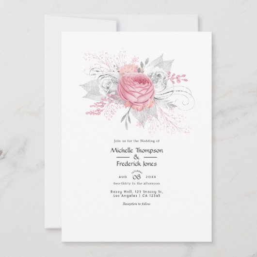 Roze en Faux Folie Zilveren Bloemen Bruiloft Kaart (Voorkant)
