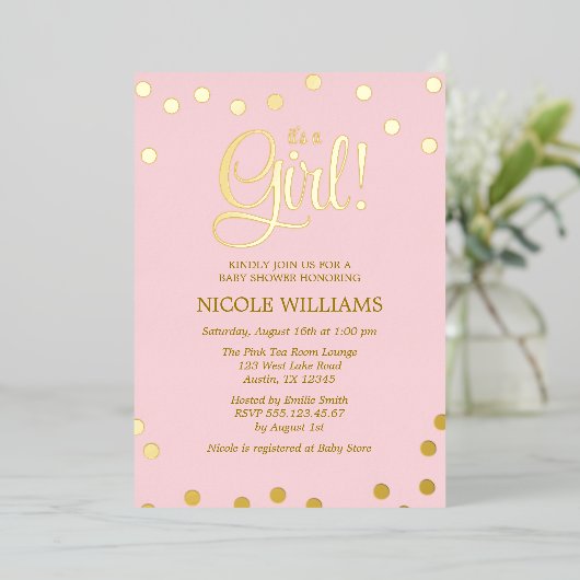 Roze en Faux Gold Confetti Girl Baby shower Invit Folie Uitnodiging (Staand Voorkant)