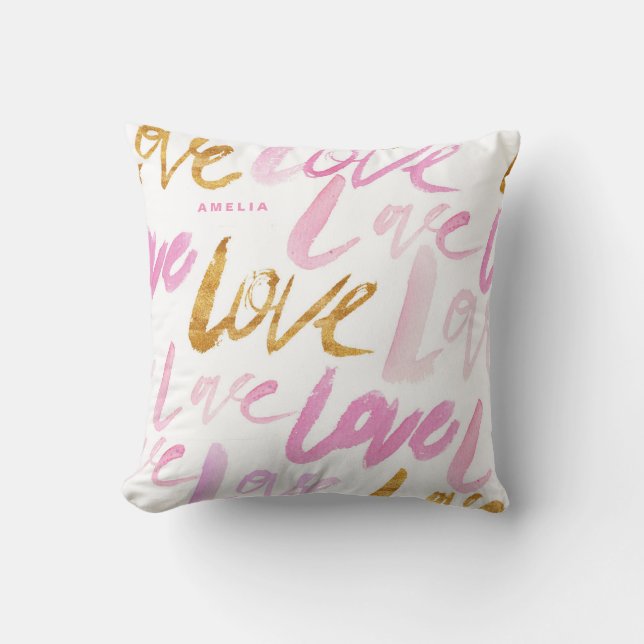 Roze en Faux Gold Foil Love Typografie Kussen (Voorkant)