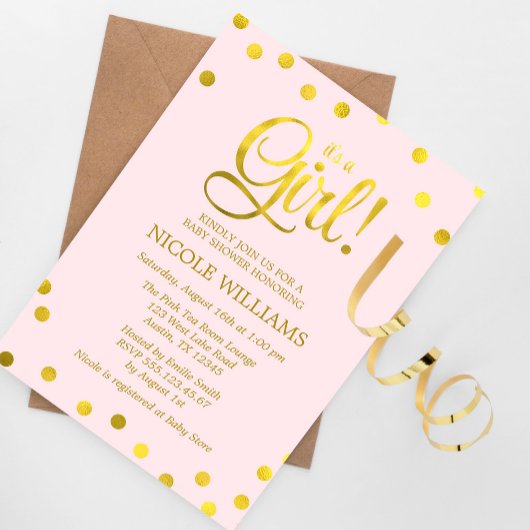 Roze en Faux Goud Confetti Meisje Baby shower Kaart