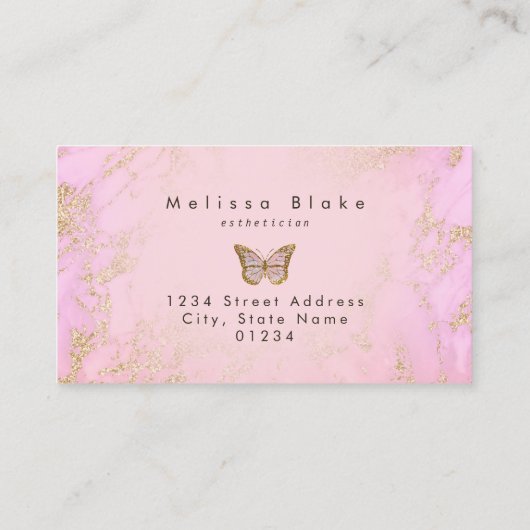 Roze en faux goud glitter vlinder visitekaartje (Achterkant)