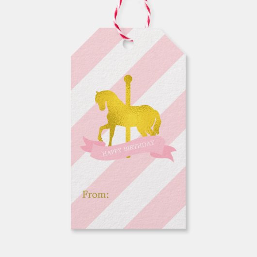 Roze en Faux Gouden Folie Carrousel Paard Cadeaulabel (Achterkant)