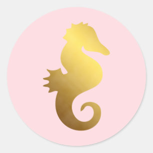 Roze en Faux Gouden Folie Zeepaardje Ronde Sticker