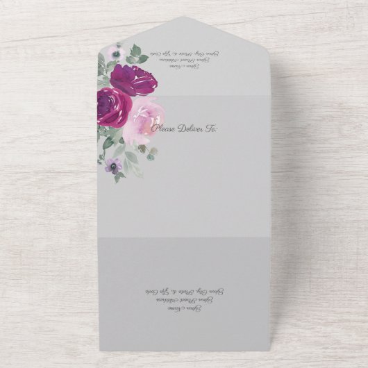 Roze en Fuchsia Rozen op grijze QR-code All In One Uitnodiging (Buitenkant)