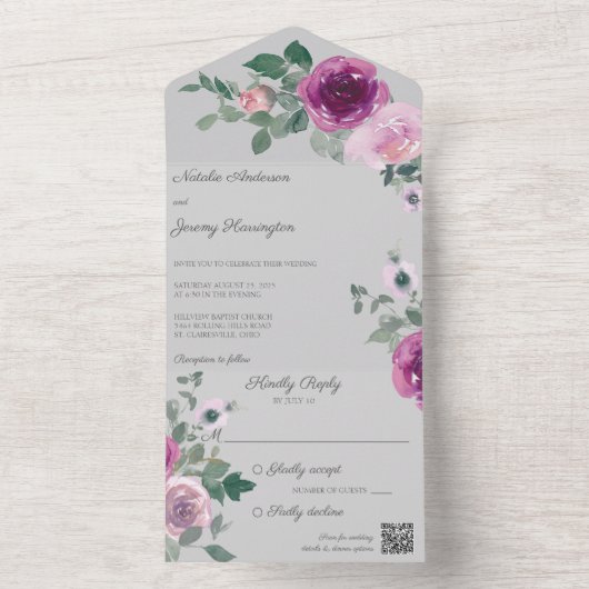 Roze en Fuchsia Rozen op grijze QR-code All In One Uitnodiging (Binnen)