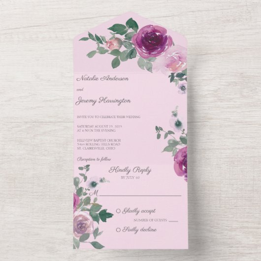 Roze en Fuchsia Rozen op Roze All In One Uitnodiging (Binnen)