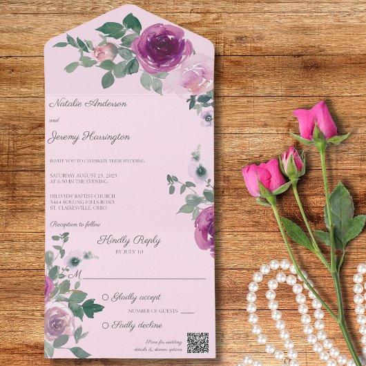 Roze en Fuchsia Rozen op roze QR code All In One Uitnodiging