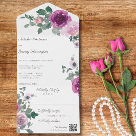 Roze en Fuchsia Rozen op witte QR code All In One Uitnodiging