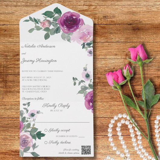 Roze en Fuchsia Rozen op witte QR code All In One Uitnodiging