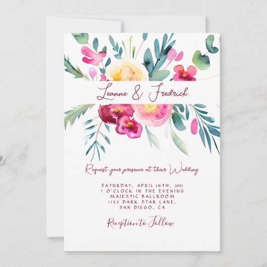 Roze en fuchsia waterverf bloemstuk aangepaste tro kaart (Voorkant)