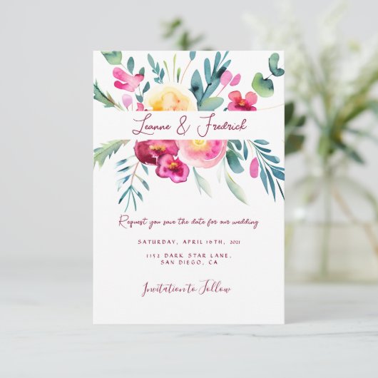 Roze en fuchsia waterverf bloemstuk aangepaste Tro Save The Date (Staand voorkant)