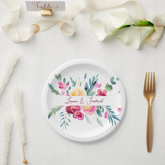 Roze en Fushia waterverf floral custom Bruiloft Papieren Bordje (Huwelijk)