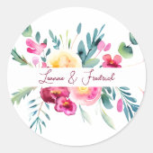 Roze en Fushia waterverf floral custom Bruiloft Ronde Sticker (Voorkant)