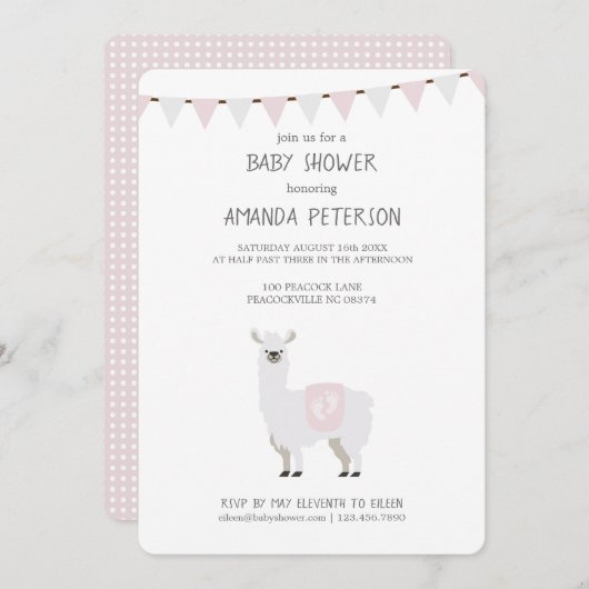 Roze en gebroken-witte Baby shower Neutrale Llama Kaart (Voorkant / Achterkant)