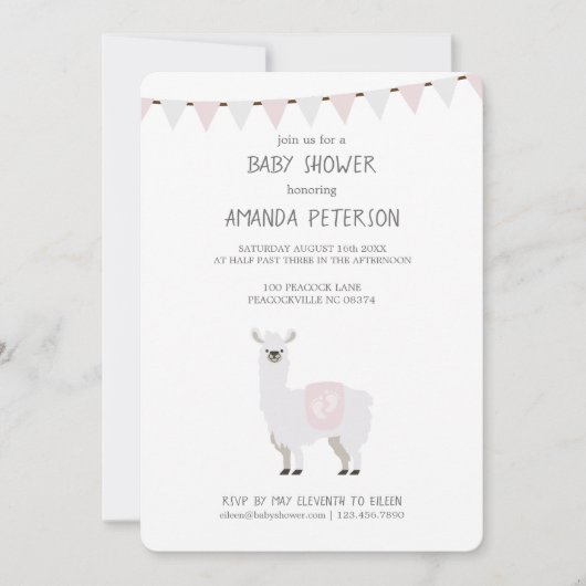 Roze en gebroken-witte Baby shower Neutrale Llama Kaart (Voorkant)