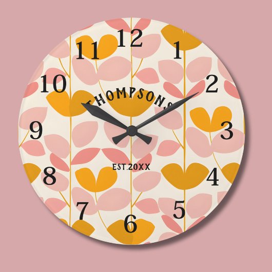 Roze en Geel Bladontwerp Modern Monogram Grote Klok