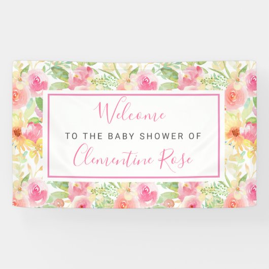 Roze en Geel Bloemen Baby shower Welkom Spandoek (Horizontaal)