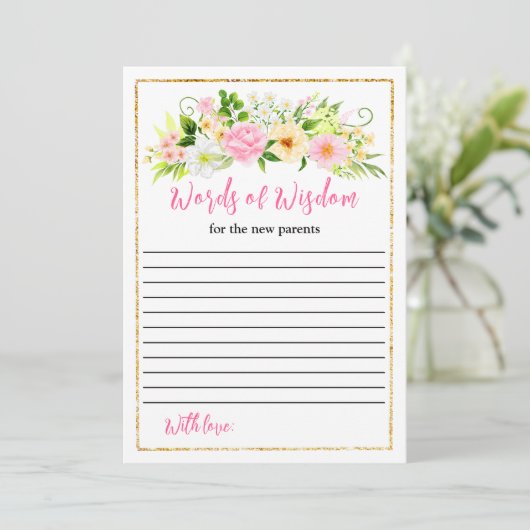 Roze en geel Bloemen Baby shower Woorden van Wijsh Kaart (Staand voorkant)