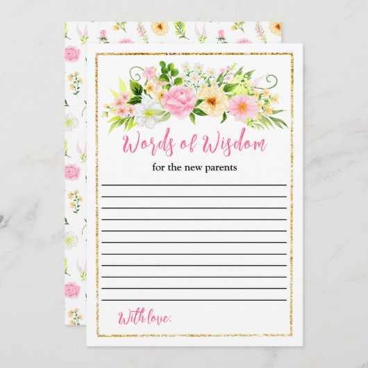 Roze en geel Bloemen Baby shower Woorden van Wijsh Kaart (Voorkant / Achterkant)