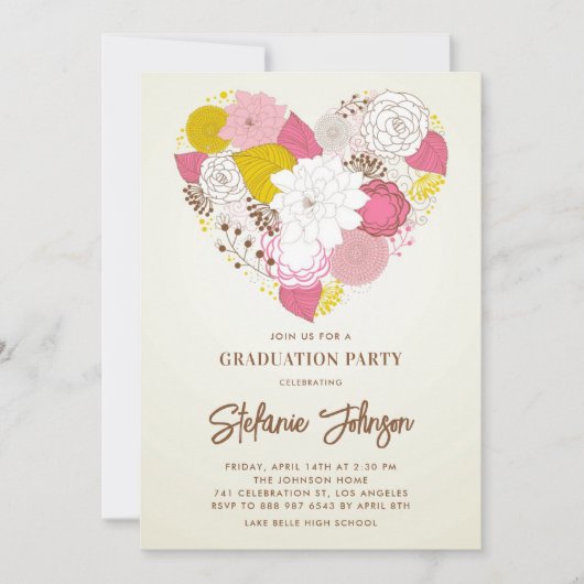  Roze en Geel Bloemen Hart Afstuderen Kaart (Voorkant)