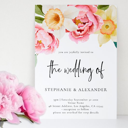 Roze en Geel Bloemen Script QR Code Bruiloft Kaart