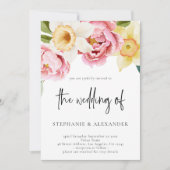 Roze en Geel Bloemen Script QR Code Bruiloft Kaart (Voorkant)