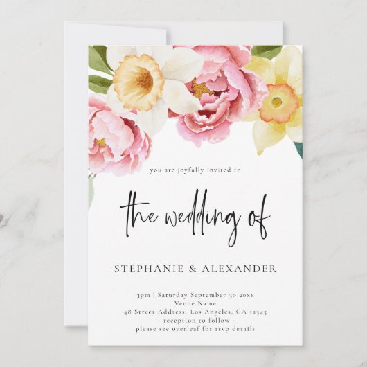 Roze en Geel Bloemen Script QR Code Bruiloft Kaart (Voorkant)