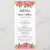 Roze en Geel Bloemen Waterverf Bruiloft Menu (Voorkant)