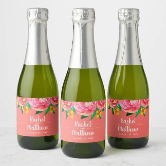 Roze en Geel Bloemen Waterverf Mini Sparkling Wijnetiket (Flessen)