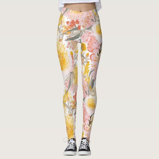  roze en geel bloemmotief leggings (Voorkant)