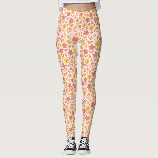 Roze en geel bloempatroon leggings (Voorkant)