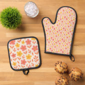 Roze en geel bloempatroon ovenwant & pannenlap set (Top down)