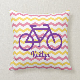 Roze en geel Chevron kussen met Paarse fiets