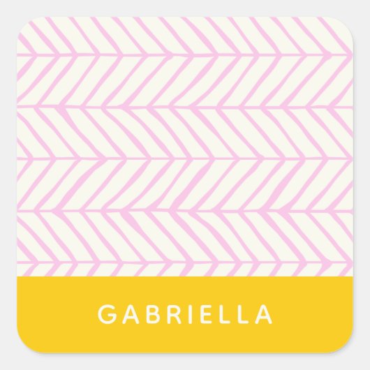 Roze en geel Chevron Line Pattern, gepersonaliseer Vierkante Sticker (Voorkant)