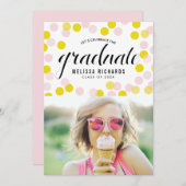 Roze en Geel Confetti Stippen Foto Afstuderen Aankondiging (Voorkant / Achterkant)