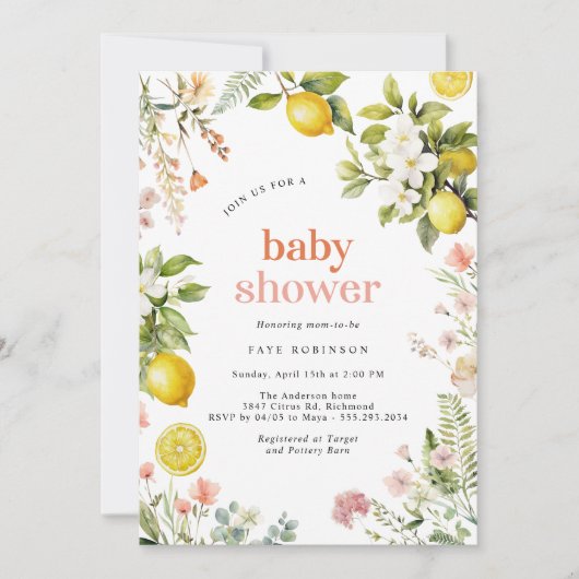 Roze en Geel | Floral Lemon Citrus Baby shower Kaart (Voorkant)