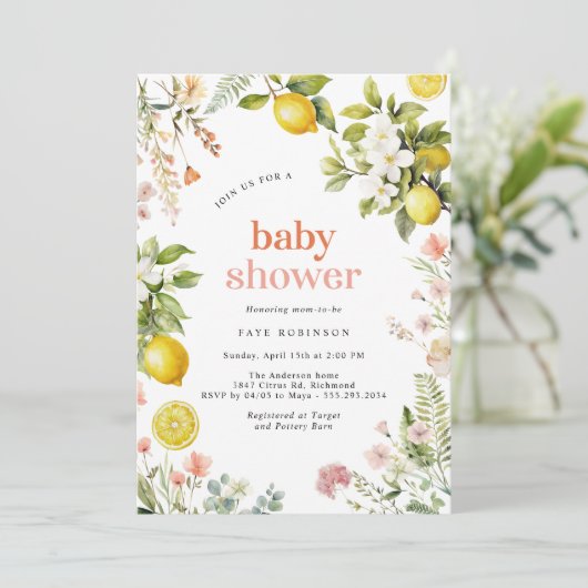 Roze en Geel | Floral Lemon Citrus Baby shower Kaart (Staand voorkant)