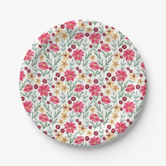  roze en geel  Floral Patroon Papieren Bordje (Voorkant)