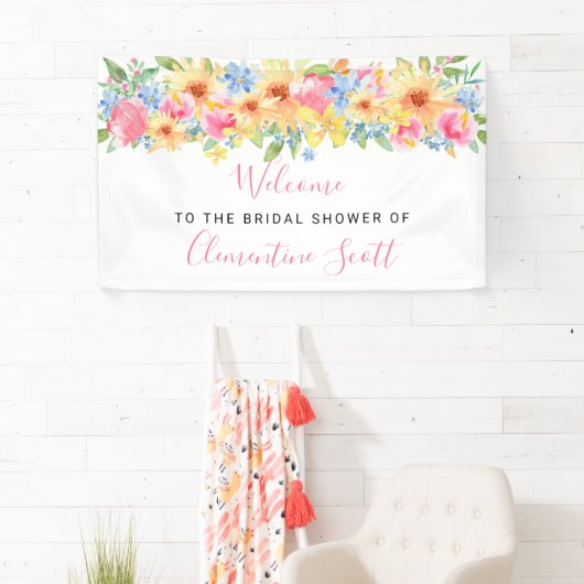 Roze en geel Floral Vrijgezellenfeest Welkom Spandoek (Insitu)