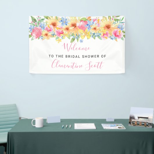 Roze en geel Floral Vrijgezellenfeest Welkom Spandoek (Beurs)