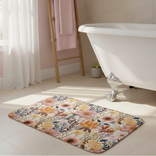 Roze en geel geperste bloem monogram badmat