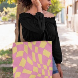 Roze en Geel Golvende Retro Geruit Crossbody Tas