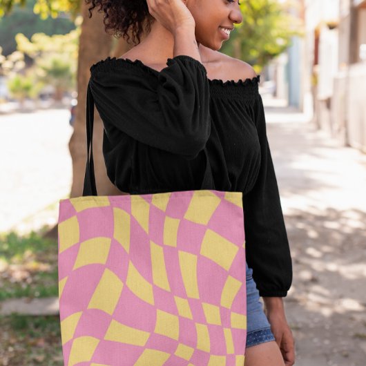 Roze en Geel Golvende Retro Geruit Crossbody Tas