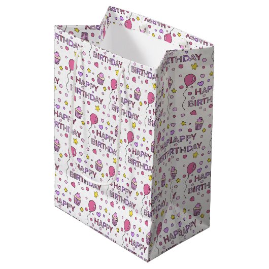 Roze en geel Happy Birthday Girl Medium Cadeauzakje (Voorkant Gekanteld)