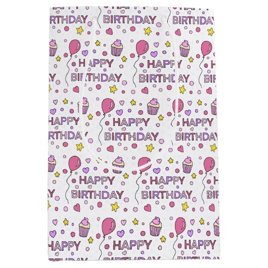 Roze en geel Happy Birthday Girl Medium Cadeauzakje (Voorkant)