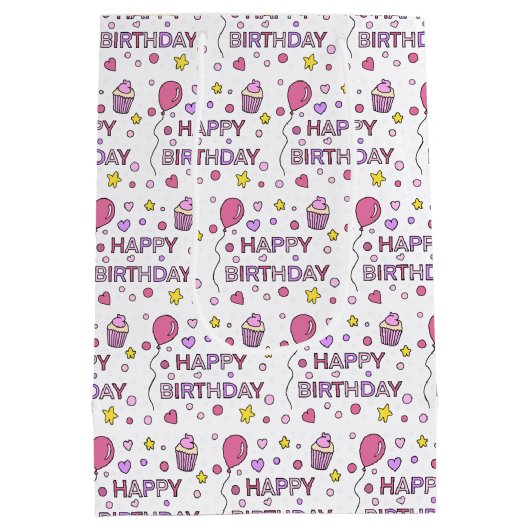 Roze en geel Happy Birthday Girl Medium Cadeauzakje (Achterkant)