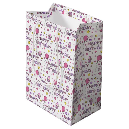 Roze en geel Happy Birthday Girl Medium Cadeauzakje (Achterkant Gekanteld)